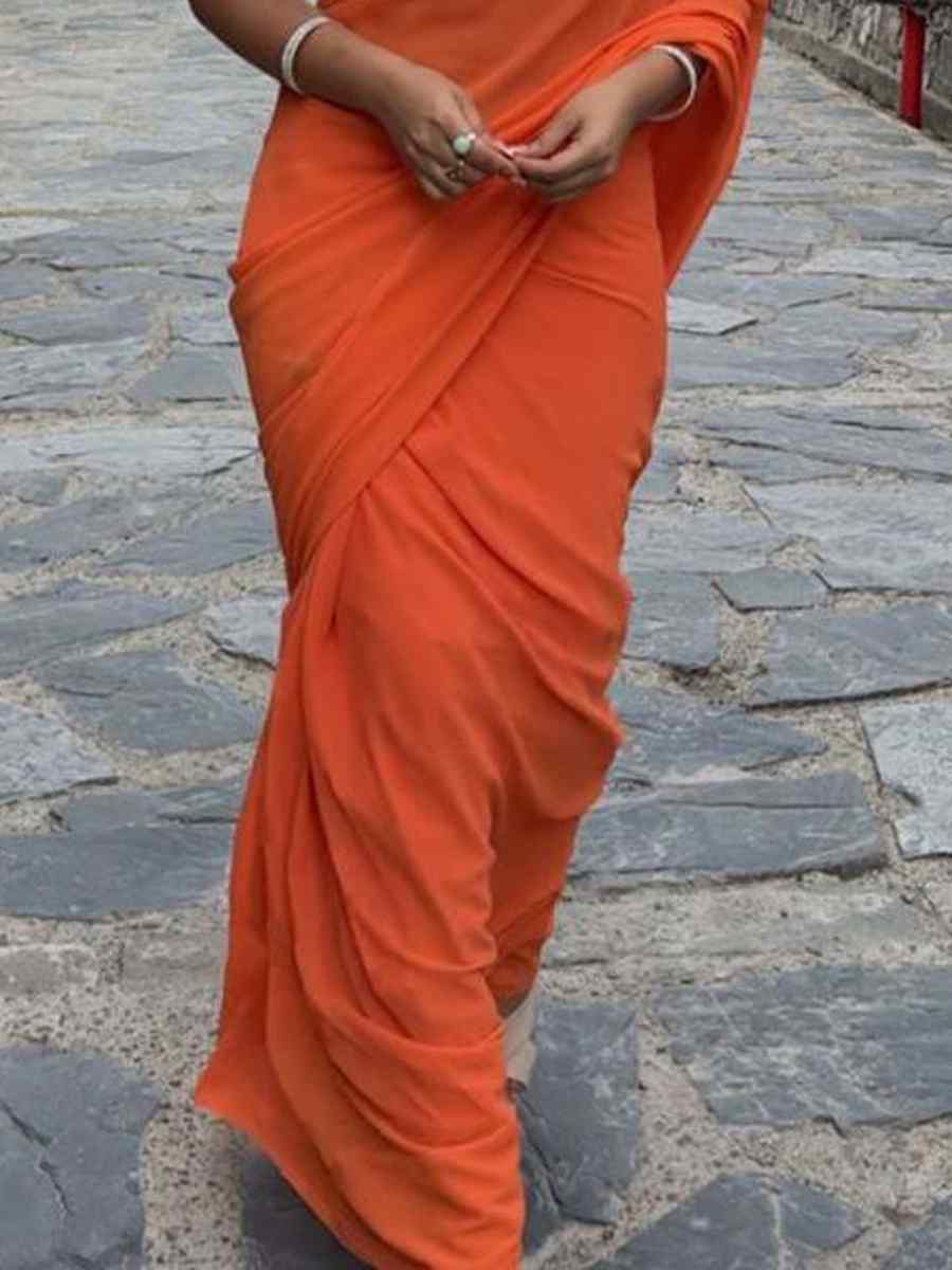 Orange Pure Soft Georgette Silk Plain Festival Casual Contemporary Saree