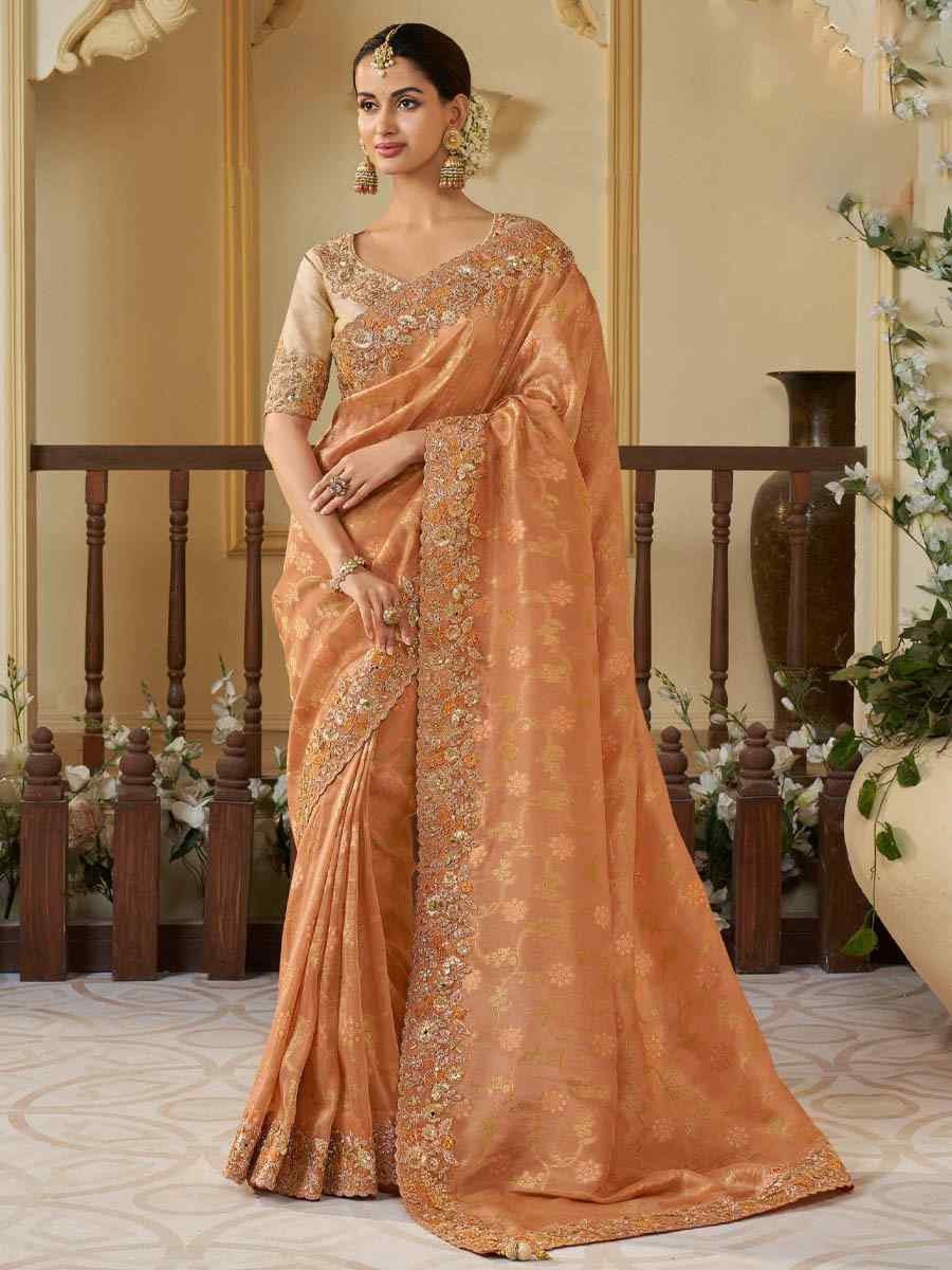 Orange Pure Tissue Silk Embroidered Festival Wedding Heavy Border Saree