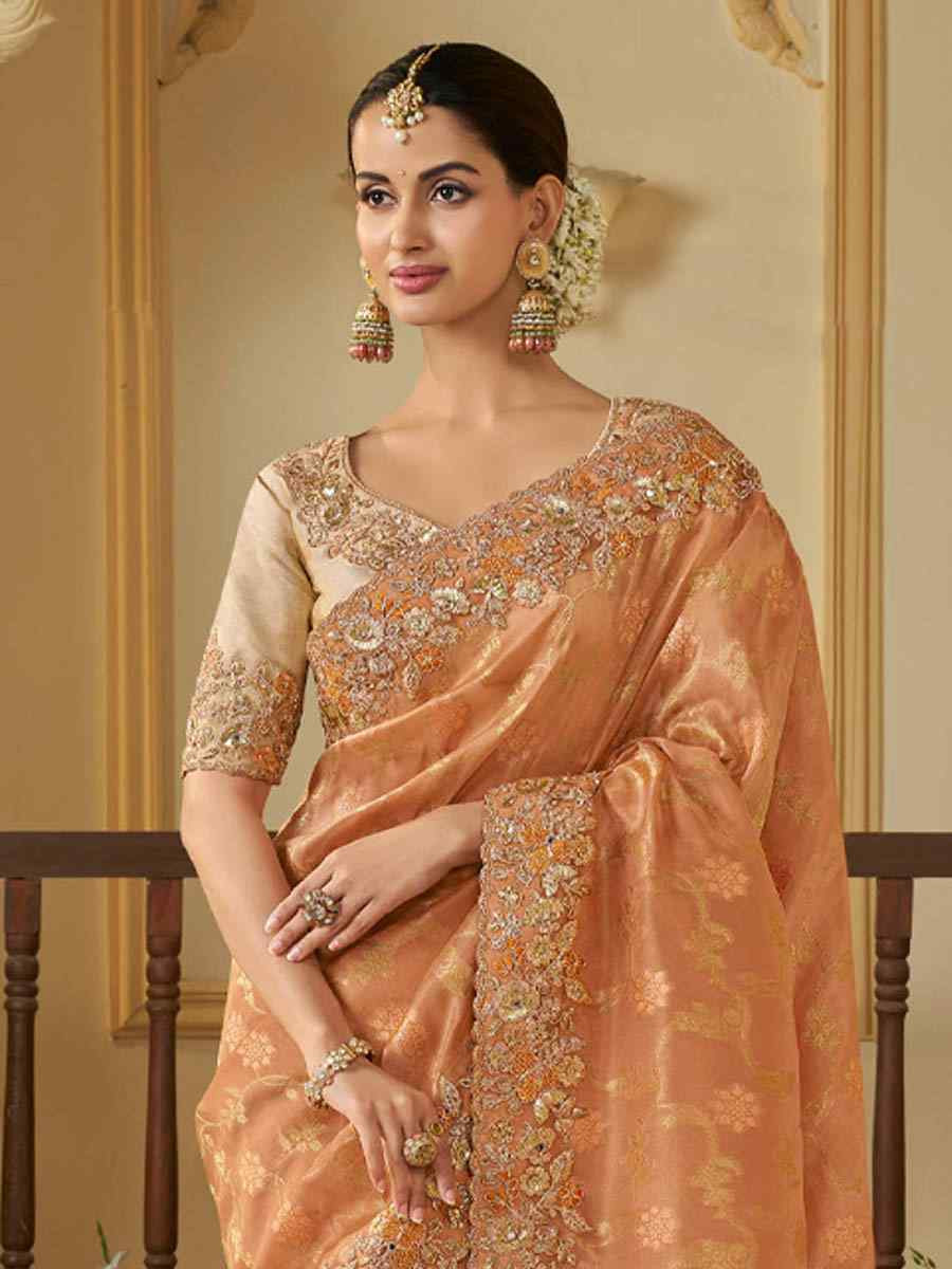 Orange Pure Tissue Silk Embroidered Festival Wedding Heavy Border Saree