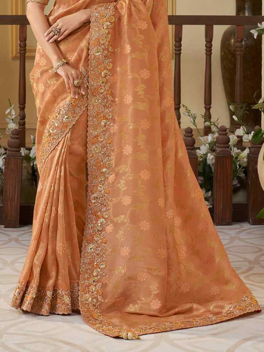 Orange Pure Tissue Silk Embroidered Festival Wedding Heavy Border Saree