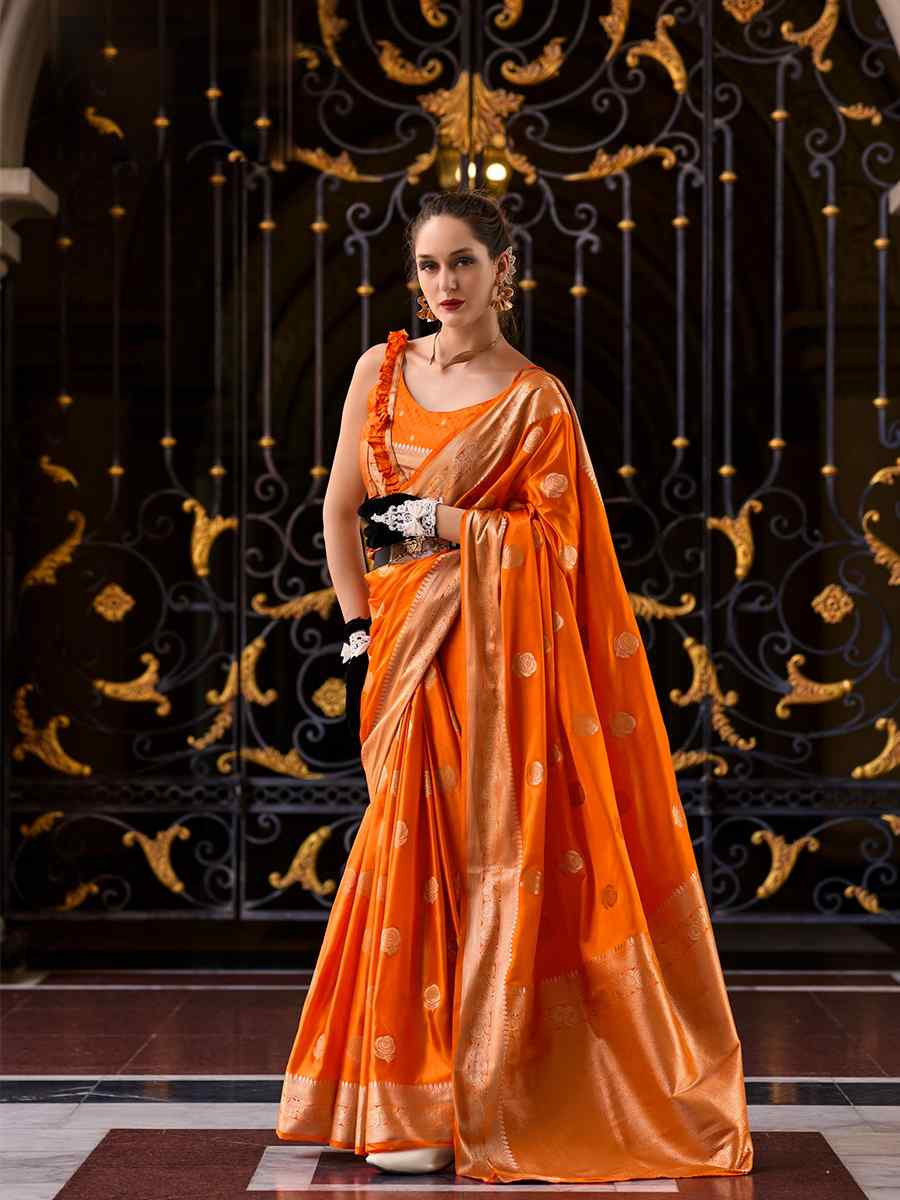 Orange Satin Silk Handwoven Festival Wedding Heavy Border Saree