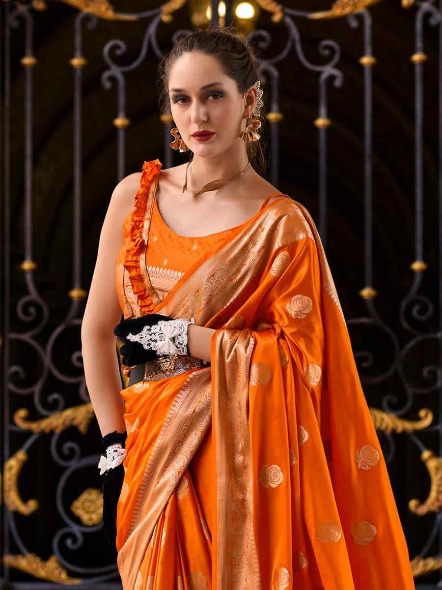 Orange Satin Silk Handwoven Festival Wedding Heavy Border Saree