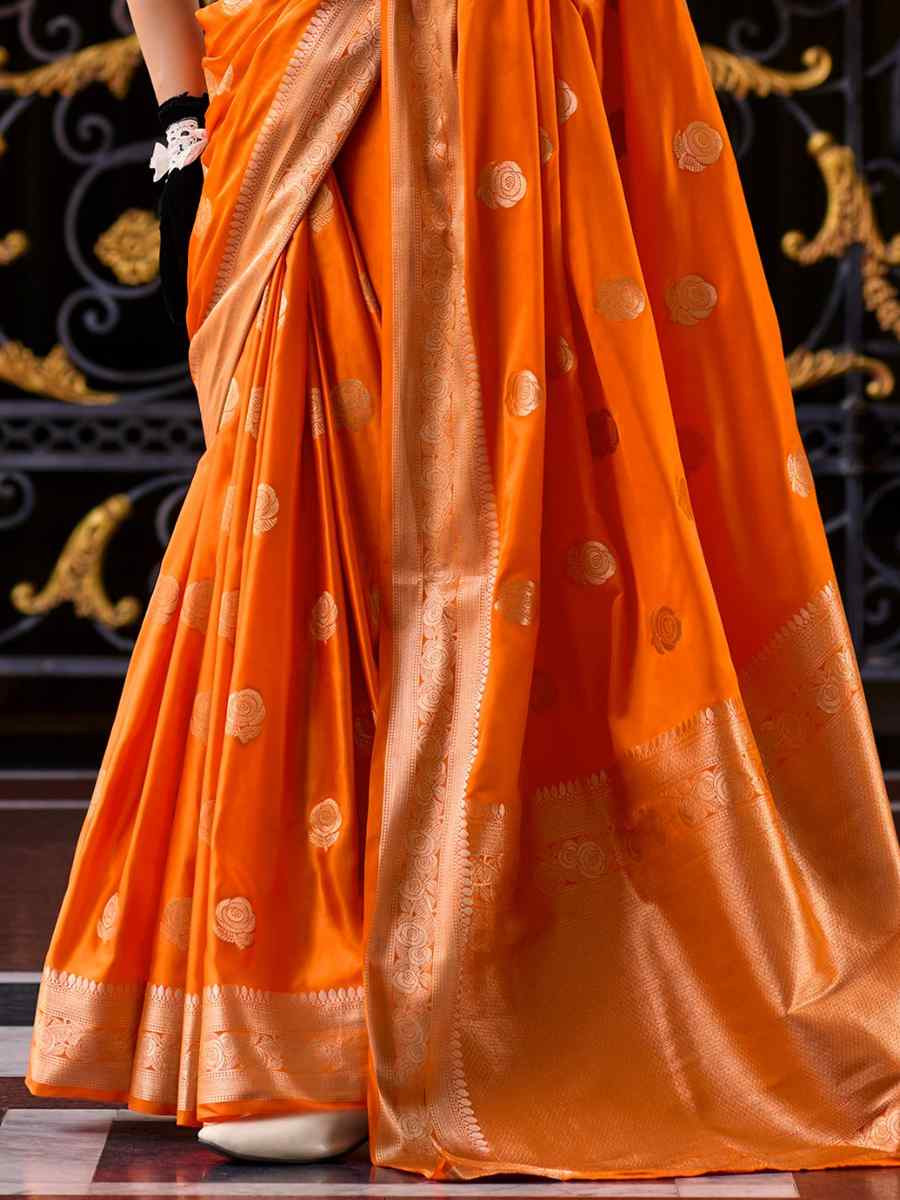 Orange Satin Silk Handwoven Festival Wedding Heavy Border Saree