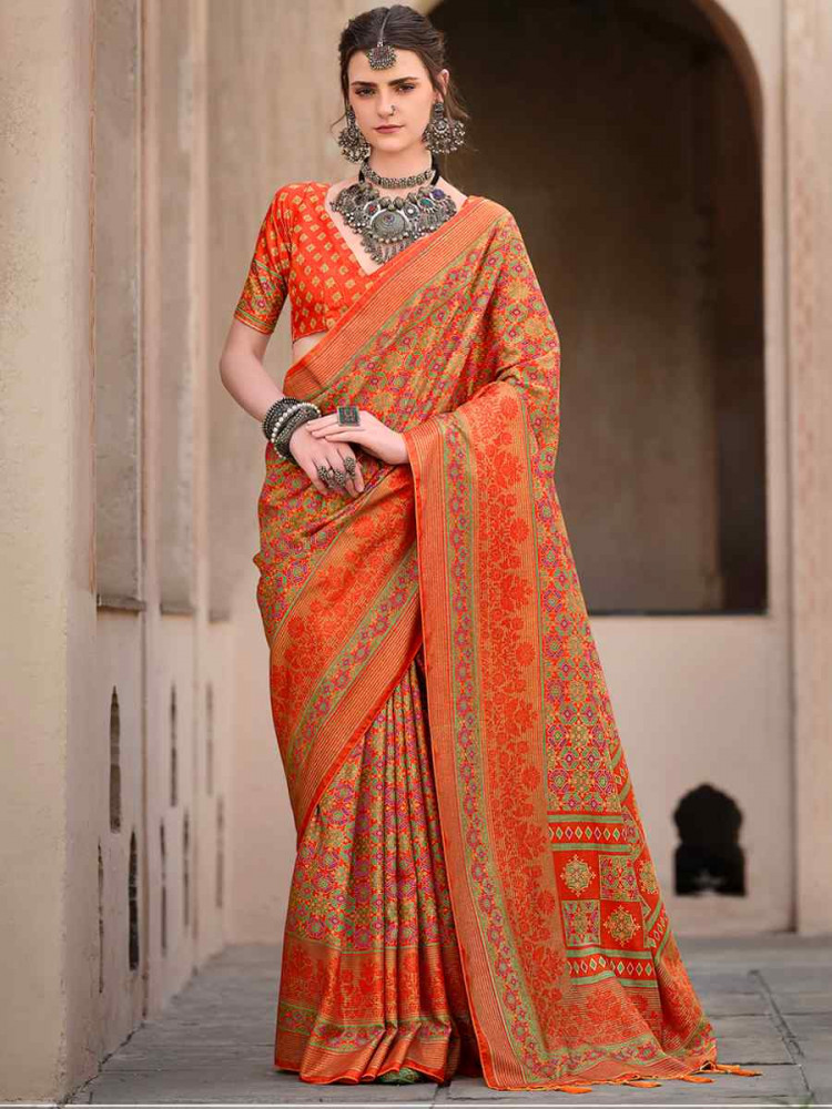 Orange Sigma Silk Printed Festival Casual Contemporary Saree