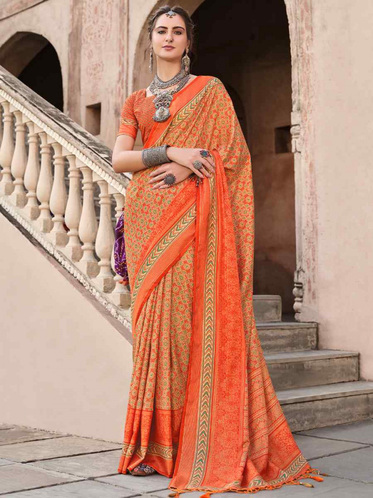 Orange Sigma Silk Printed Festival Casual Contemporary Saree