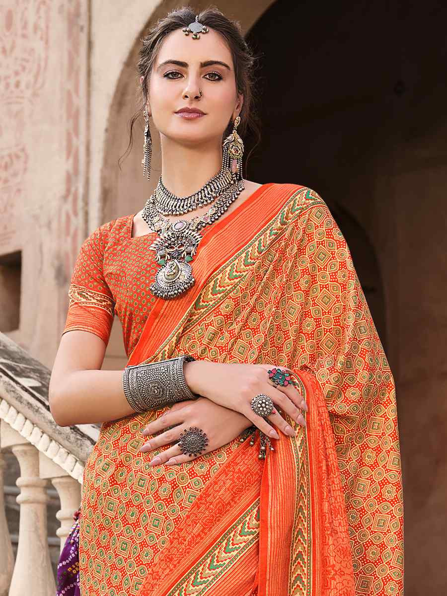 Orange Sigma Silk Printed Festival Casual Contemporary Saree