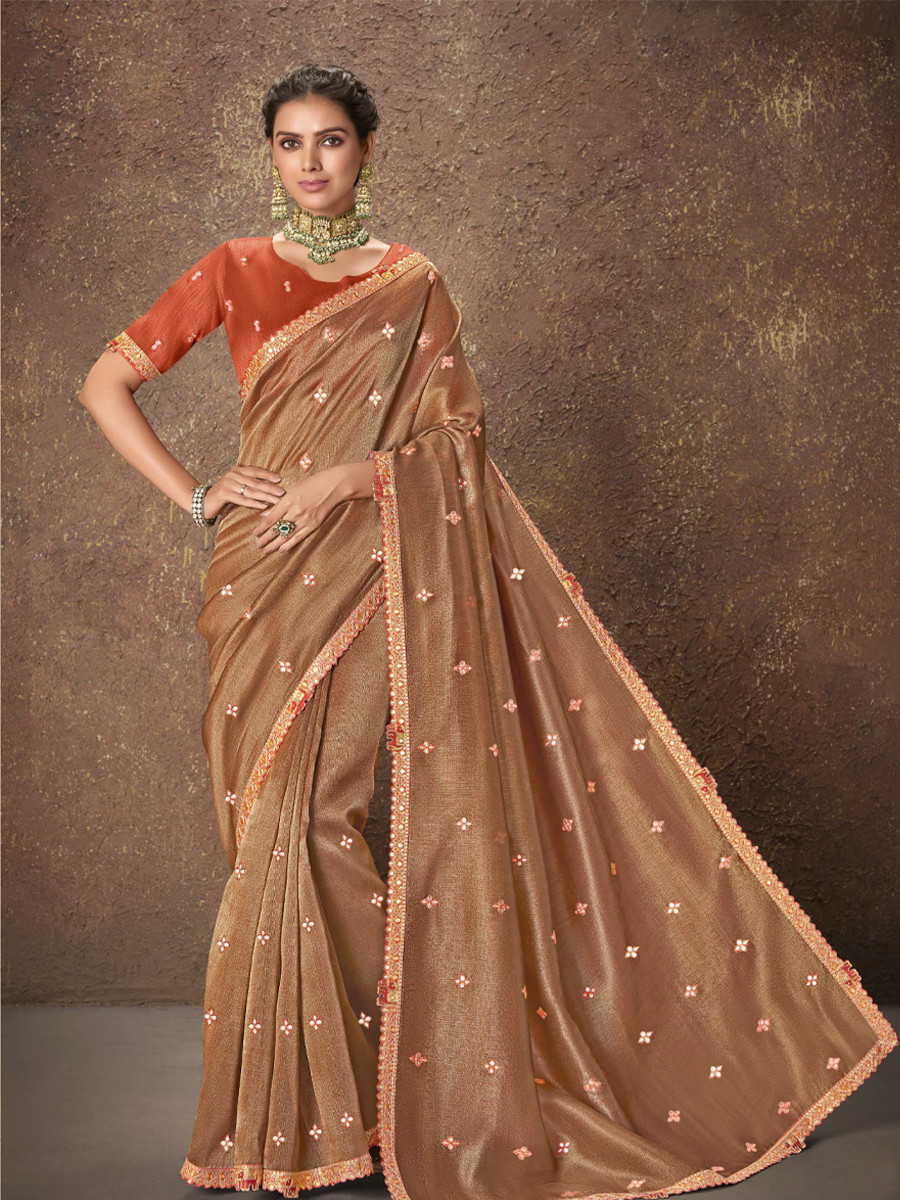 Orange Silk Embroidered Reception Party Heavy Border Saree