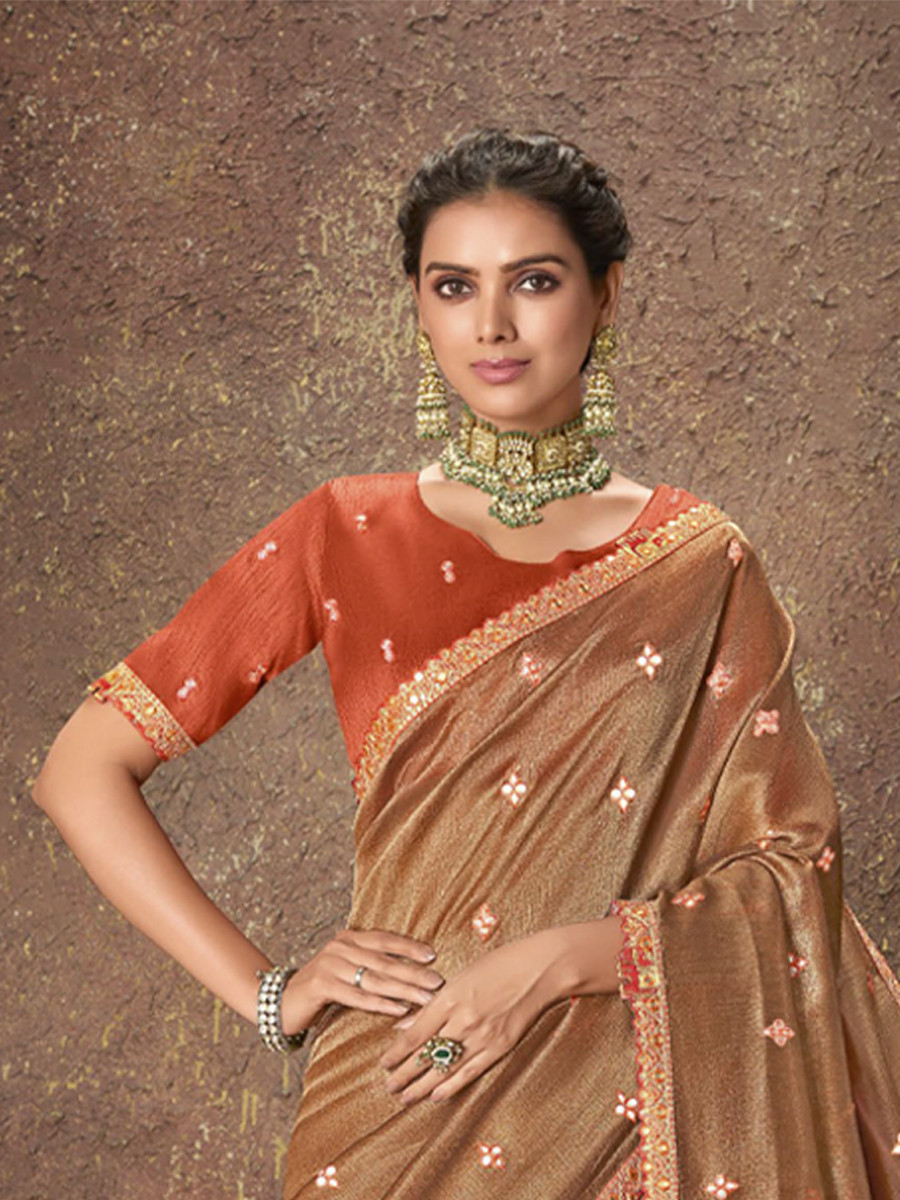 Orange Silk Embroidered Reception Party Heavy Border Saree