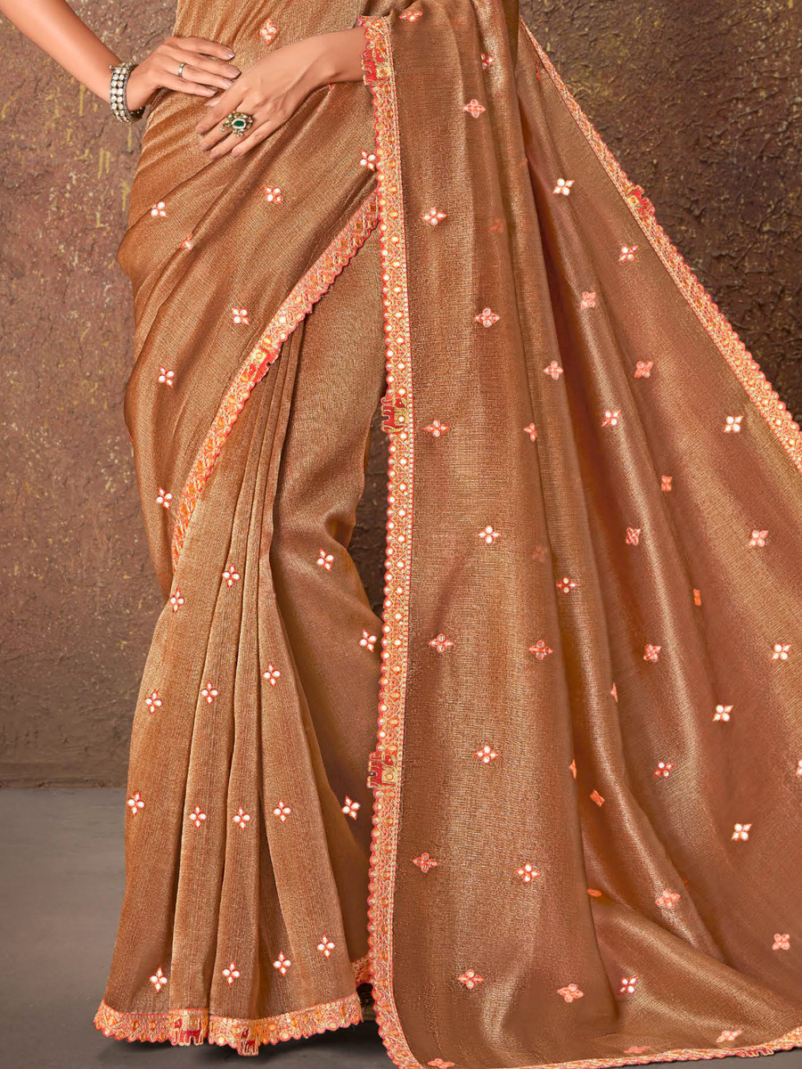 Orange Silk Embroidered Reception Party Heavy Border Saree