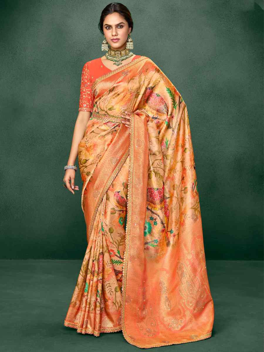 Orange Silk Embroidered Reception Party Heavy Border Saree