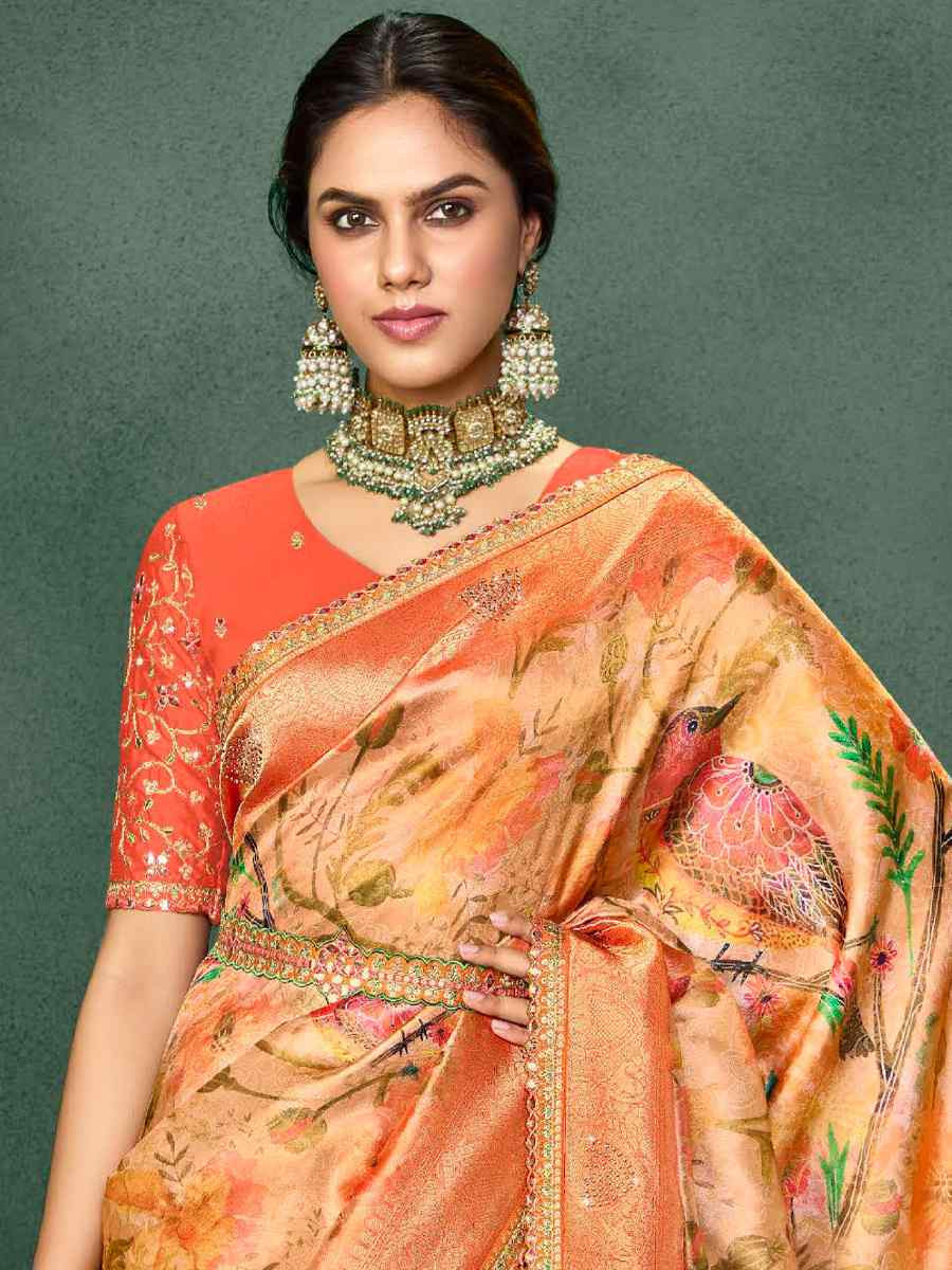 Orange Silk Embroidered Reception Party Heavy Border Saree