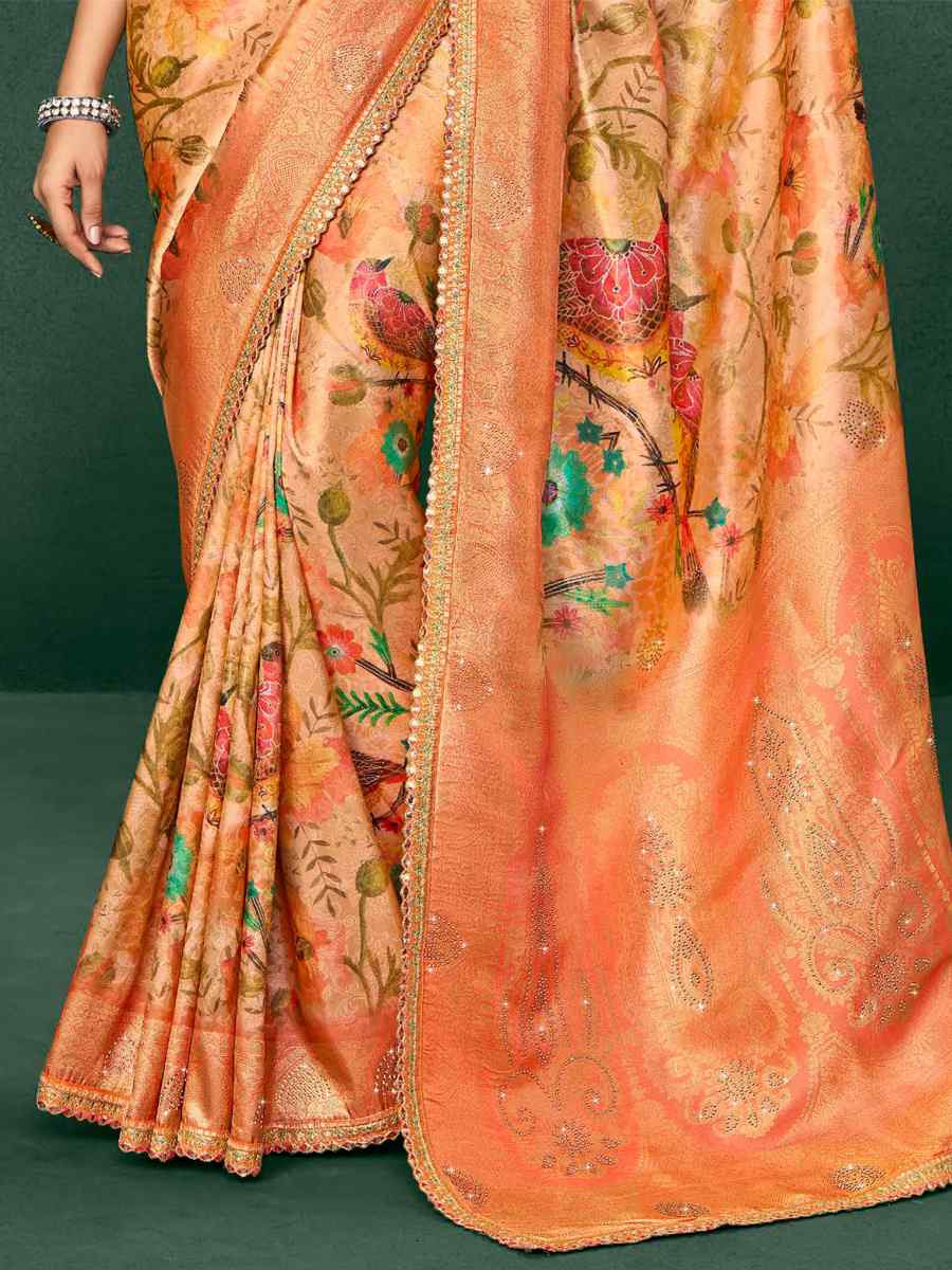 Orange Silk Embroidered Reception Party Heavy Border Saree