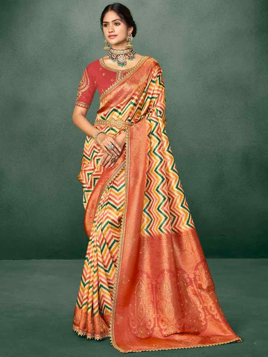 Orange Silk Embroidered Reception Party Heavy Border Saree