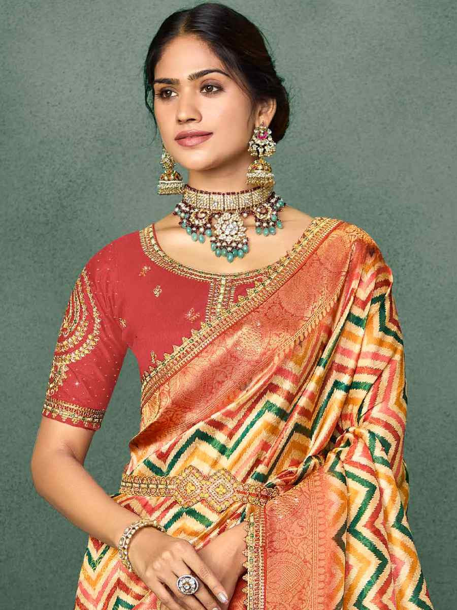 Orange Silk Embroidered Reception Party Heavy Border Saree