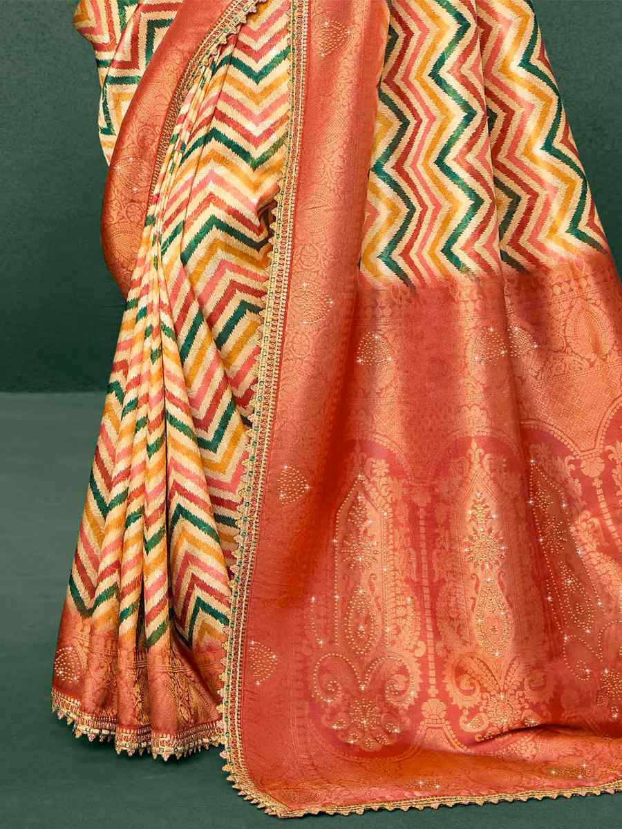 Orange Silk Embroidered Reception Party Heavy Border Saree