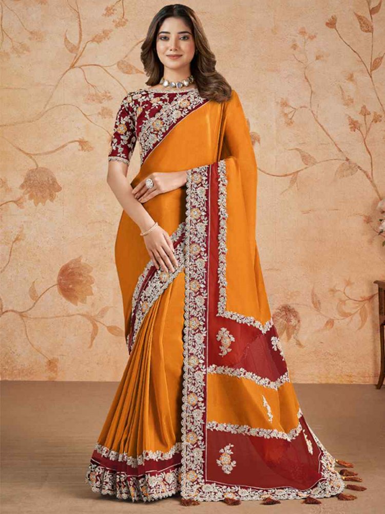 Orange Silk Georgette Embroidered Festival Party Classic Style Saree