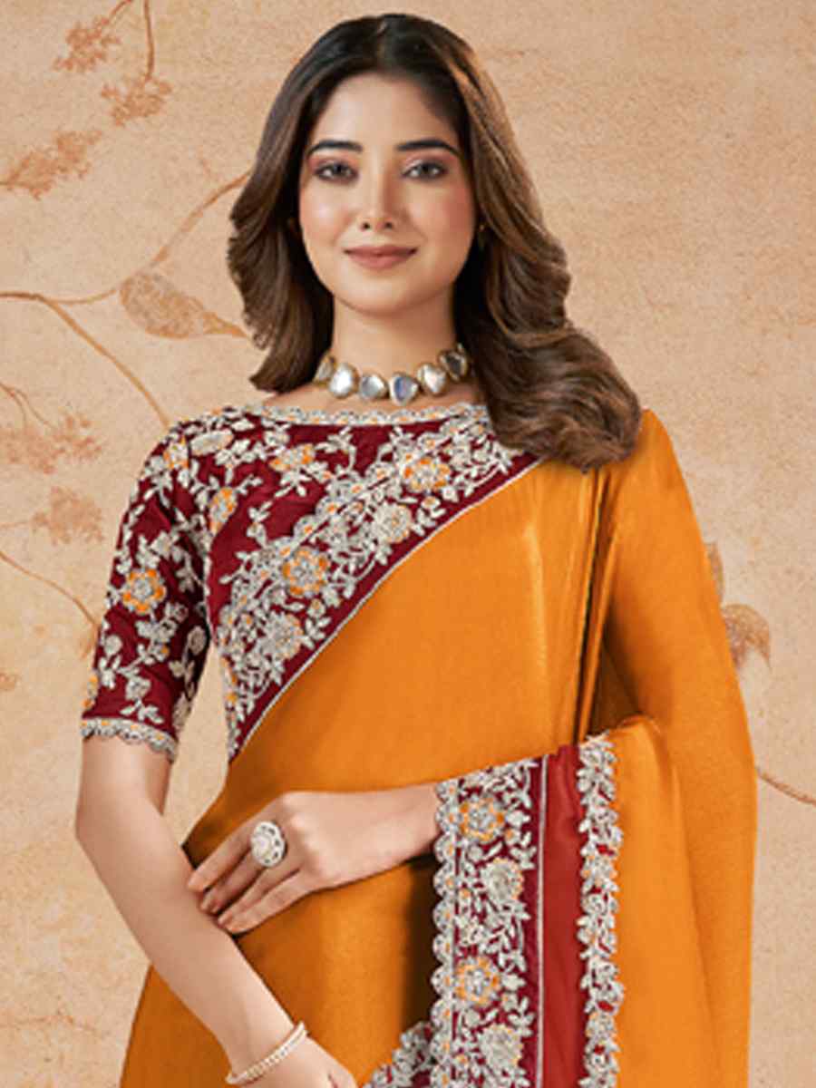 Orange Silk Georgette Embroidered Festival Party Classic Style Saree