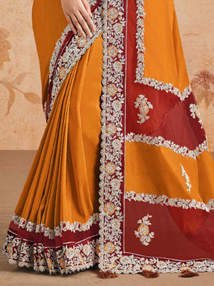 Orange Silk Georgette Embroidered Festival Party Classic Style Saree