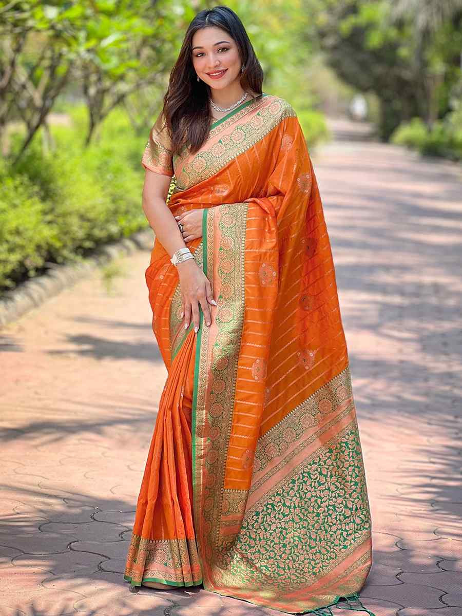 Orange Silk Handwoven Festival Wedding Heavy Border Saree