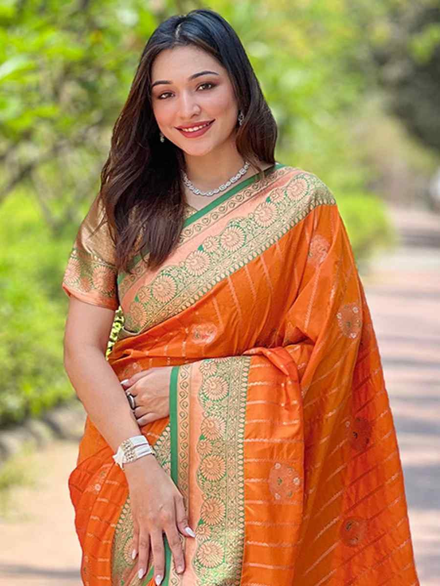 Orange Silk Handwoven Festival Wedding Heavy Border Saree