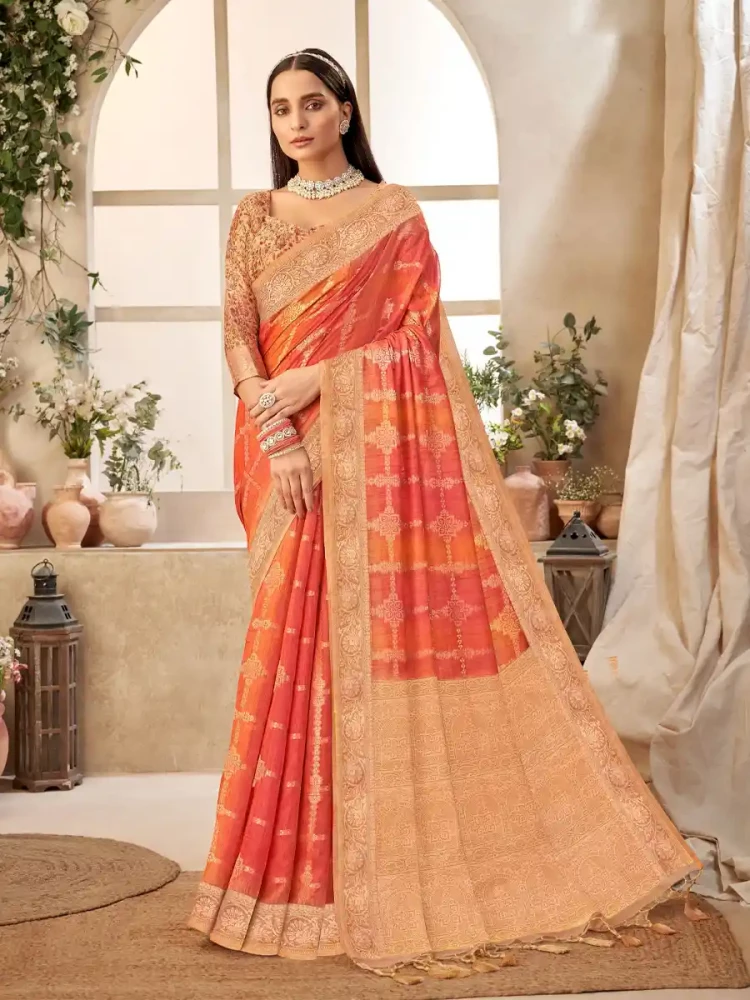 Orange Silk Handwoven Festival Wedding Heavy Border Saree