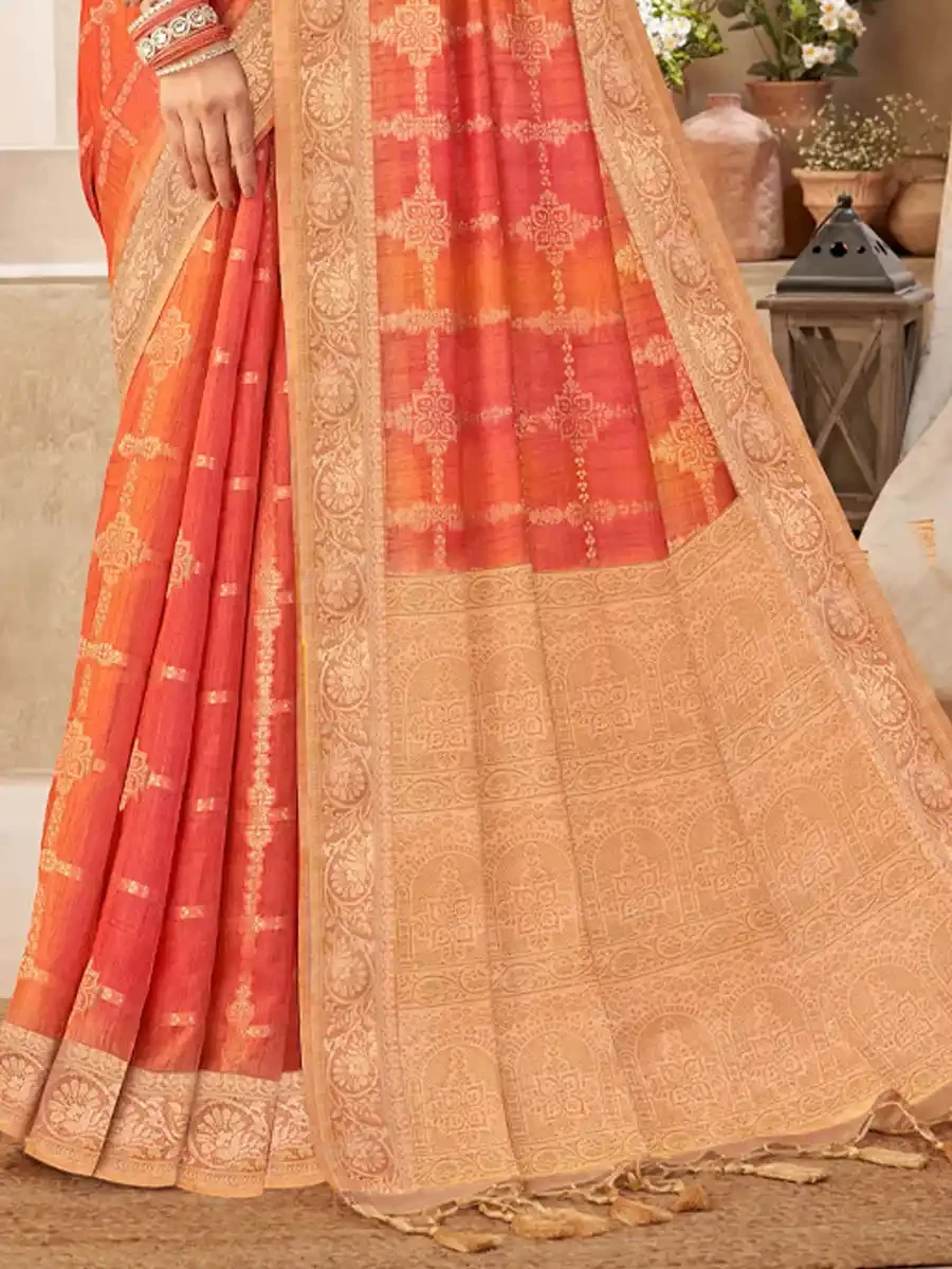 Orange Silk Handwoven Festival Wedding Heavy Border Saree