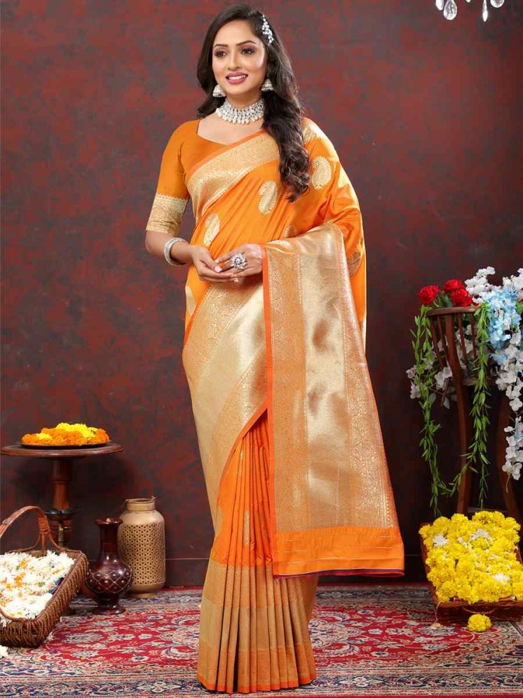 Orange Silk Handwoven Wedding Festival Heavy Border Saree