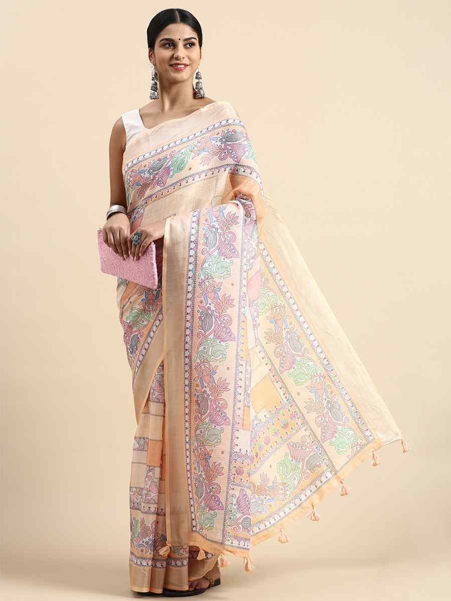 Orange Soft Pure Linen Printed Casual Festival Contemporary Saree