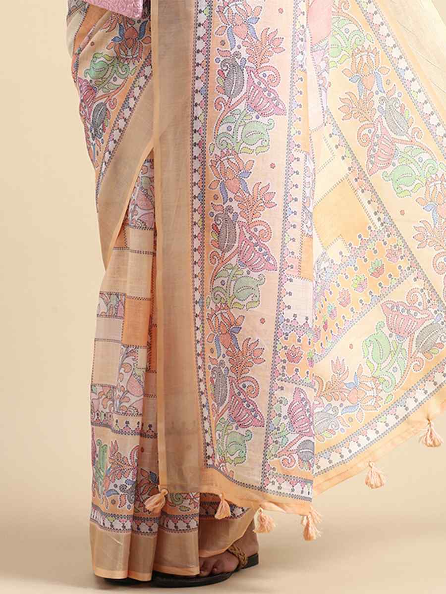 Orange Soft Pure Linen Printed Casual Festival Contemporary Saree