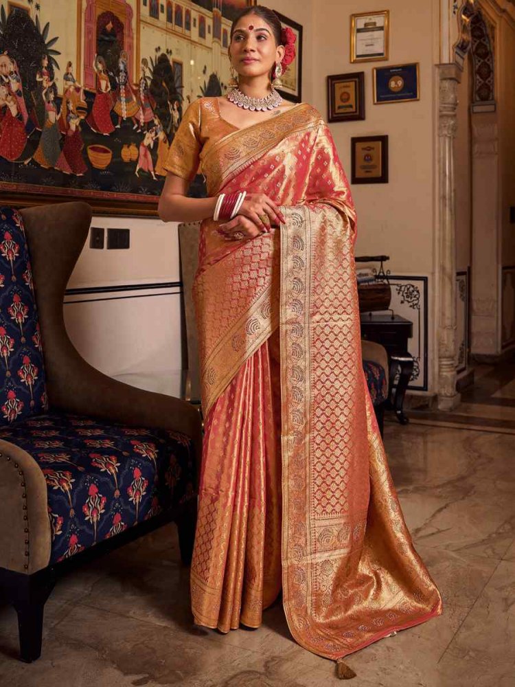Orange Tissue Silk Handwoven Festival Wedding Heavy Border Saree