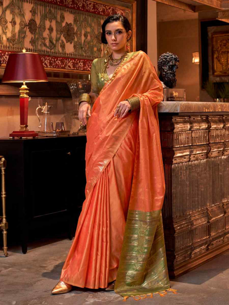 Orange Tussar Silk Handwoven Festival Casual Heavy Border Saree