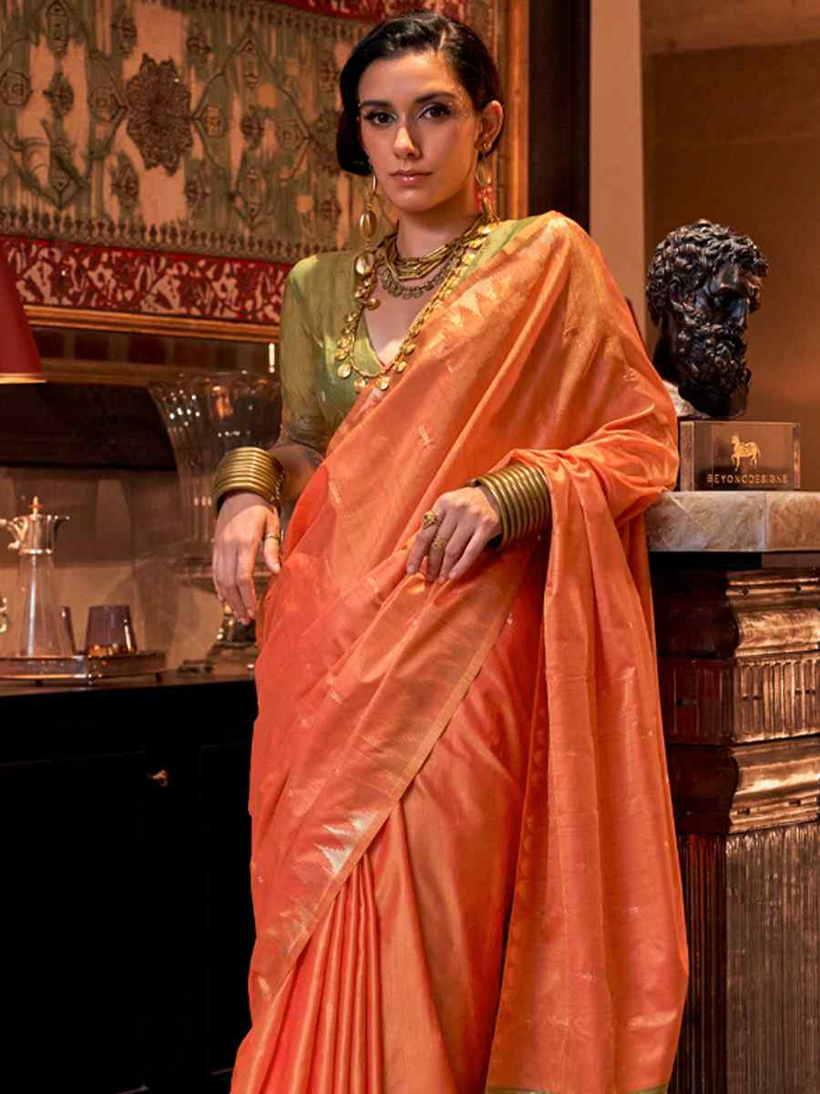 Orange Tussar Silk Handwoven Festival Casual Heavy Border Saree