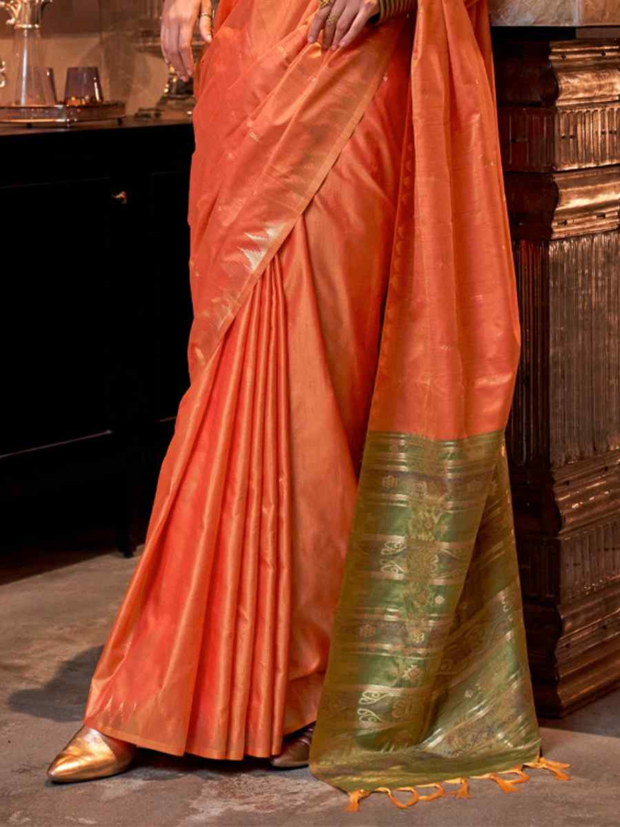 Orange Tussar Silk Handwoven Festival Casual Heavy Border Saree