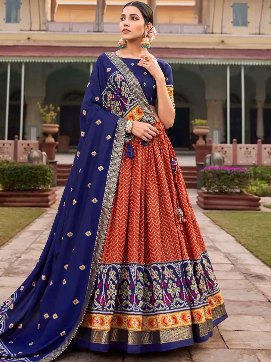 Orange Tussar Silk Printed Festival Mehendi Circular Lehenga Choli