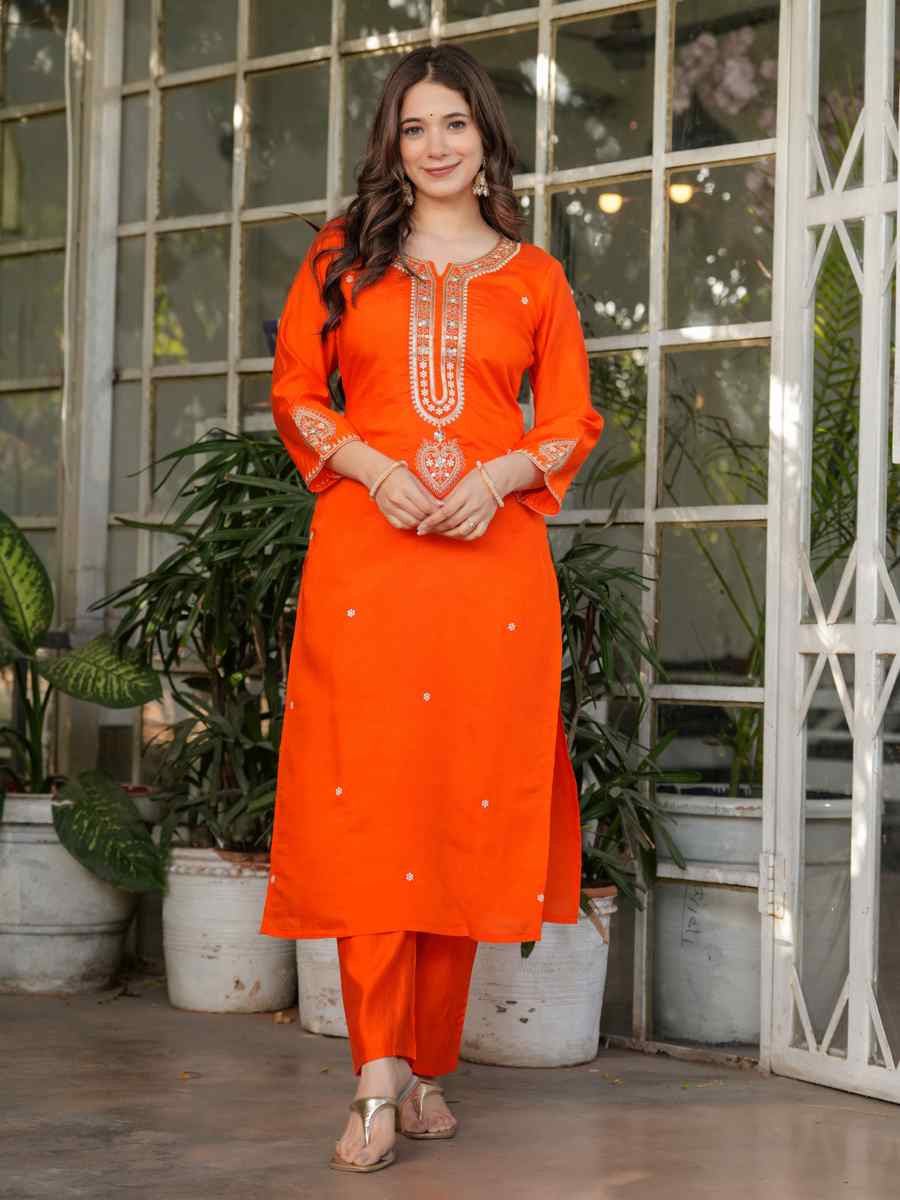 Orange Viscose Chanderi Embroidered Festival Casual Ready Pant Salwar Kameez