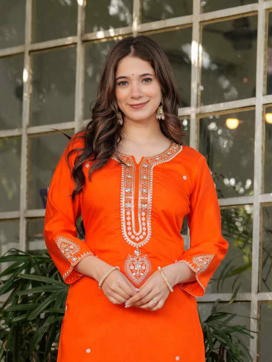 Orange Viscose Chanderi Embroidered Festival Casual Ready Pant Salwar Kameez