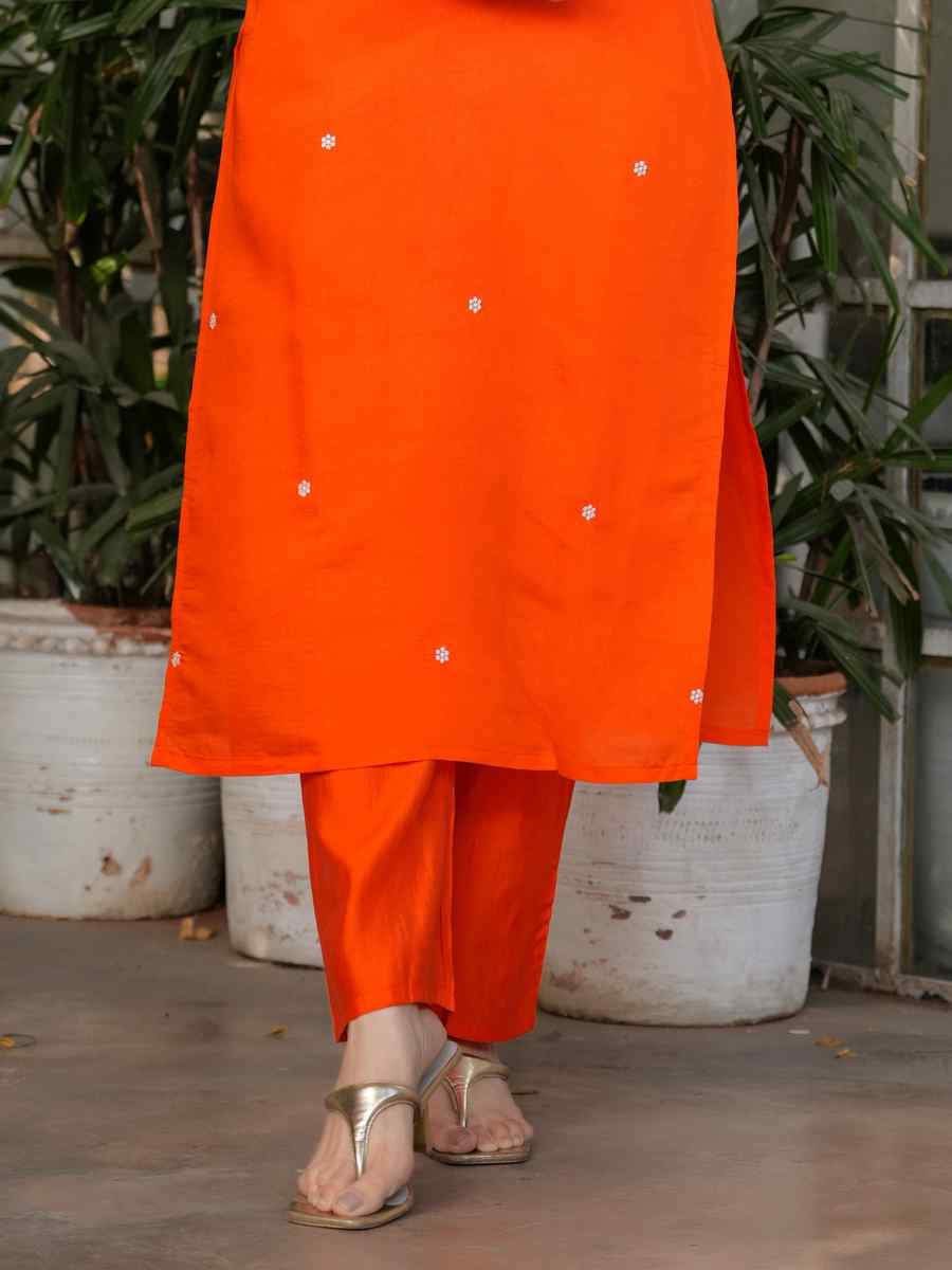 Orange Viscose Chanderi Embroidered Festival Casual Ready Pant Salwar Kameez