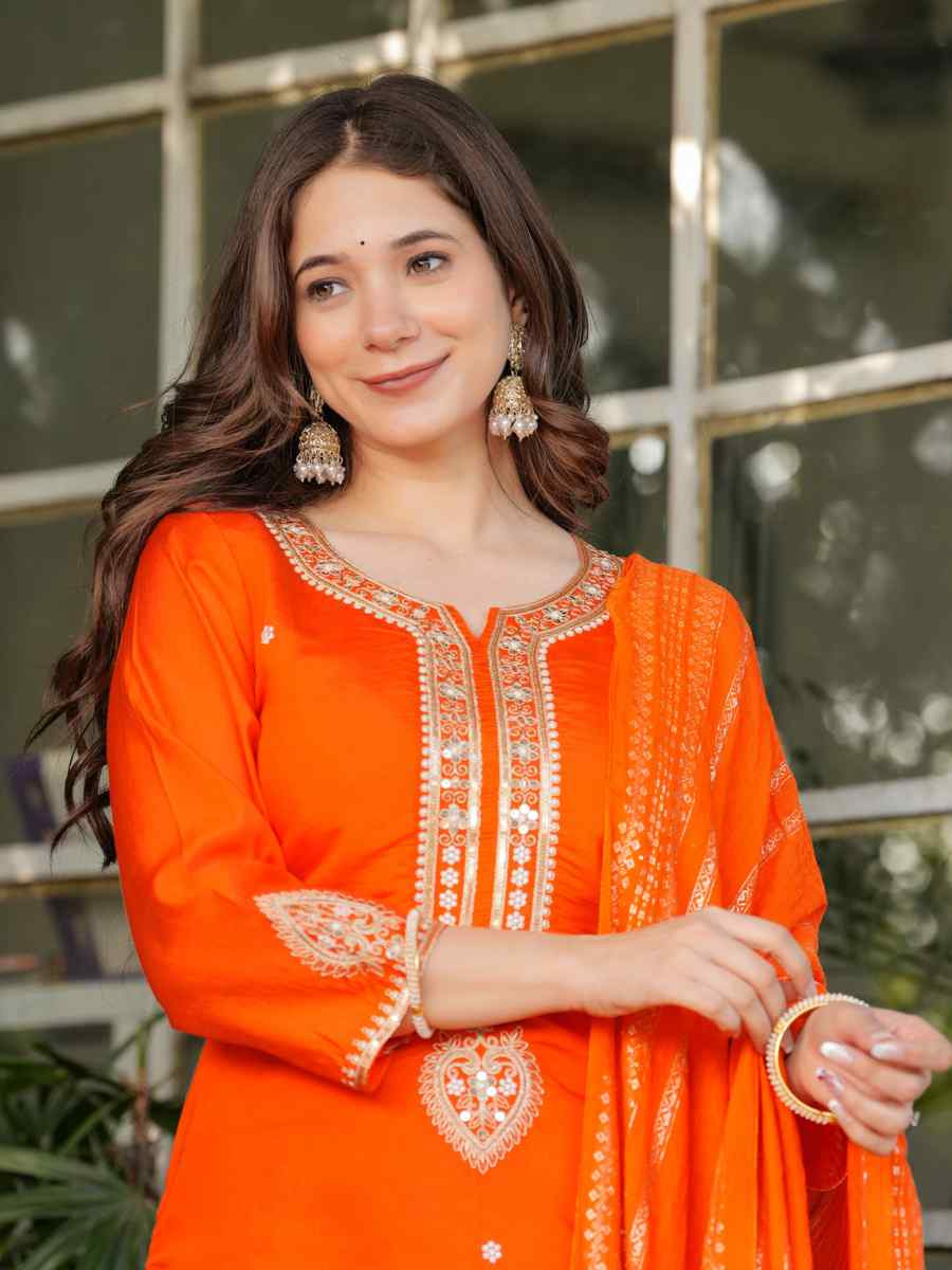 Orange Viscose Chanderi Embroidered Festival Casual Ready Pant Salwar Kameez