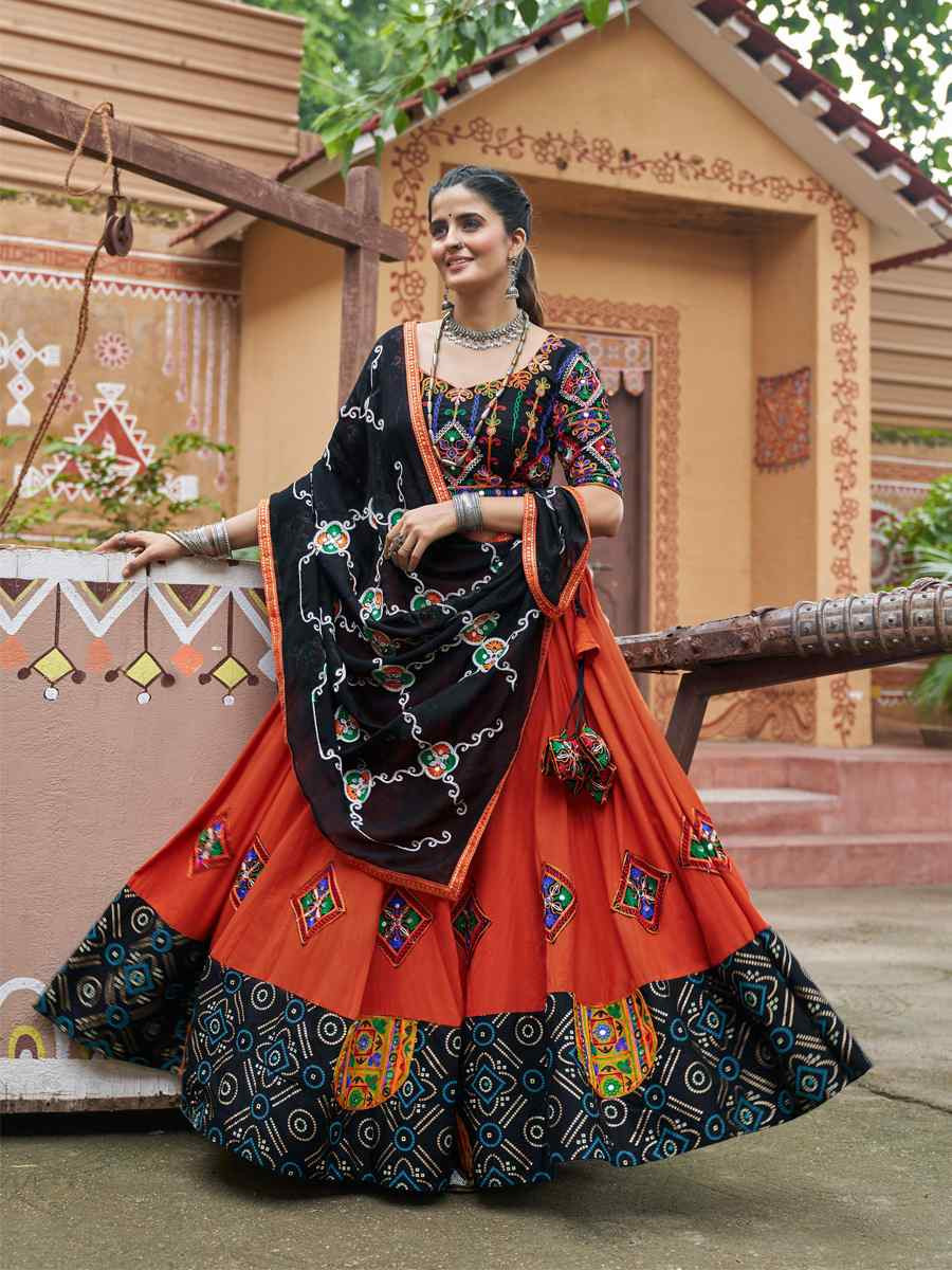 Orange Viscose Rayon Embroidered Festival Wedding Traditional Lehenga Choli