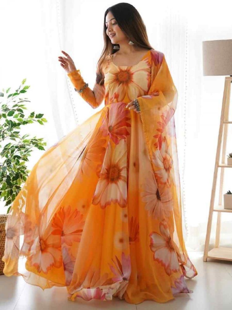 Orange Viscose Tabby Silk Printed Festival Casual Gown