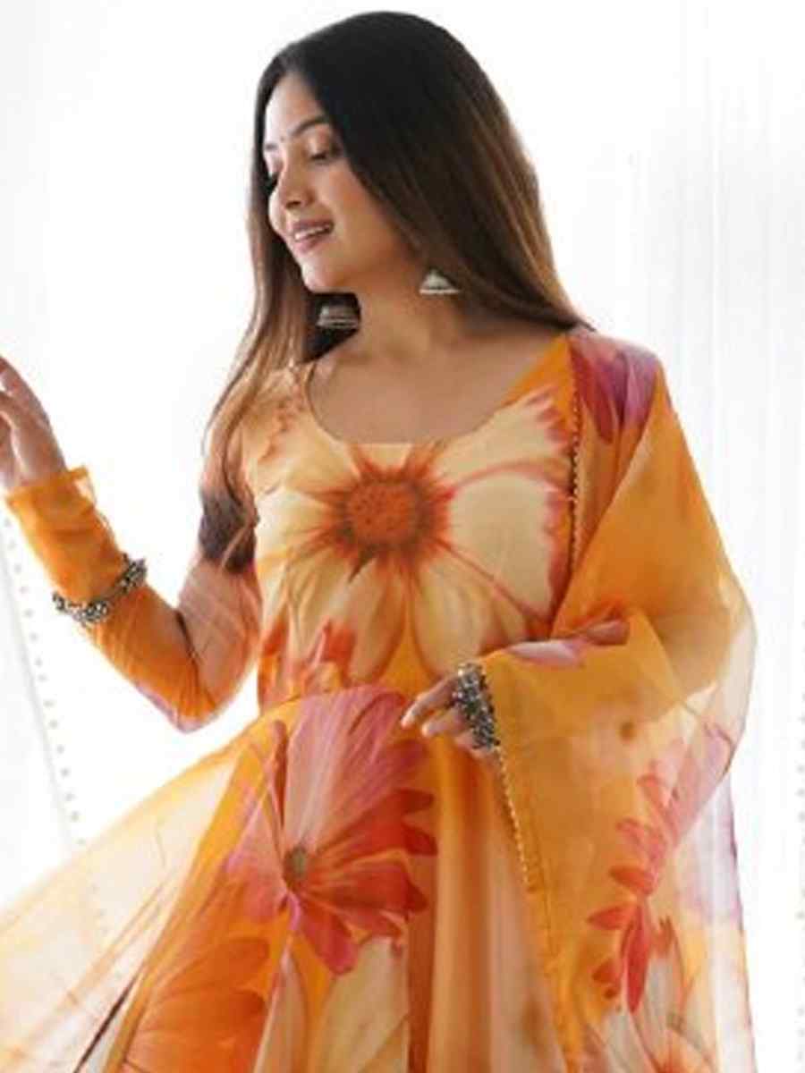 Orange Viscose Tabby Silk Printed Festival Casual Gown