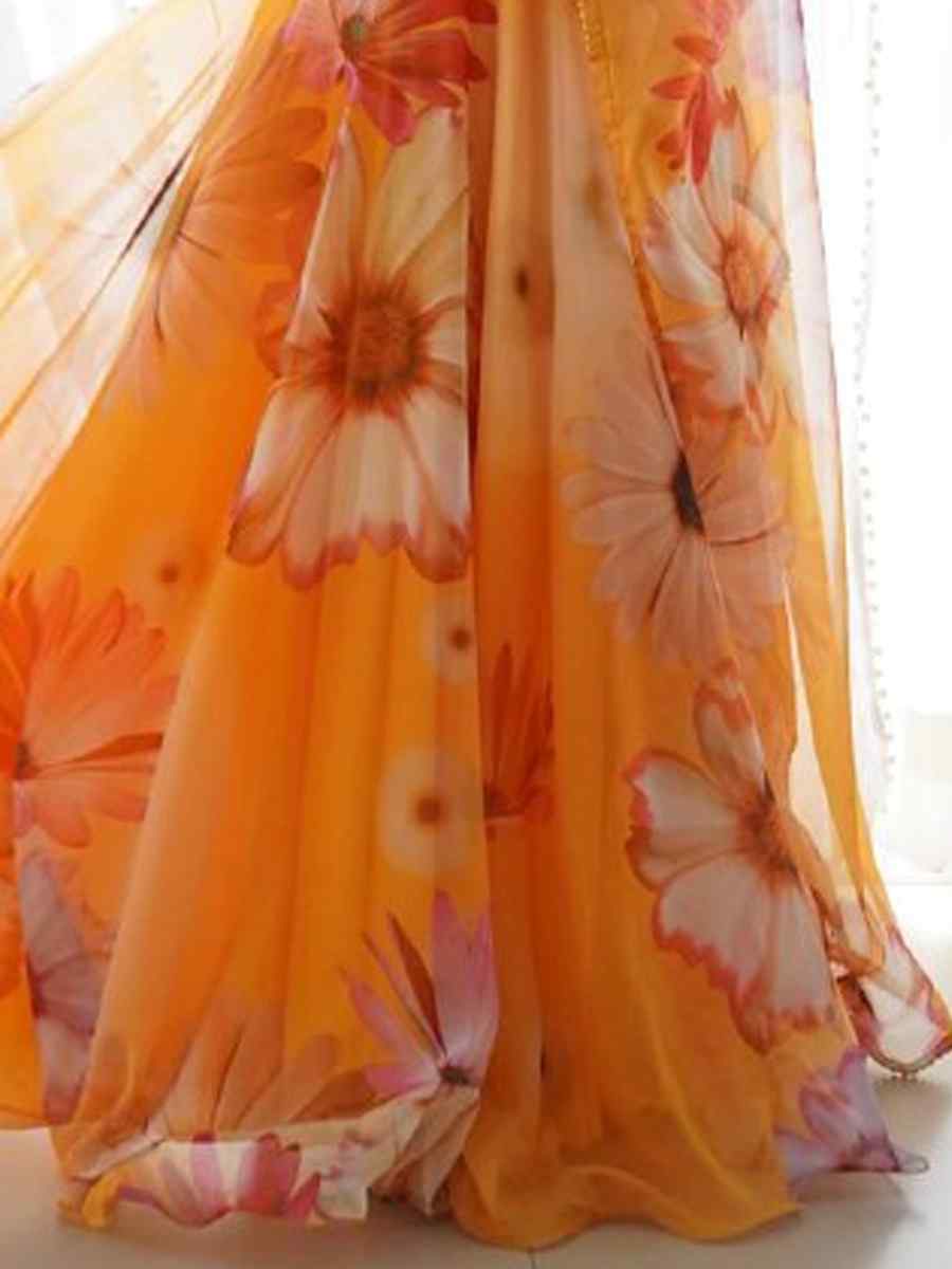 Orange Viscose Tabby Silk Printed Festival Casual Gown