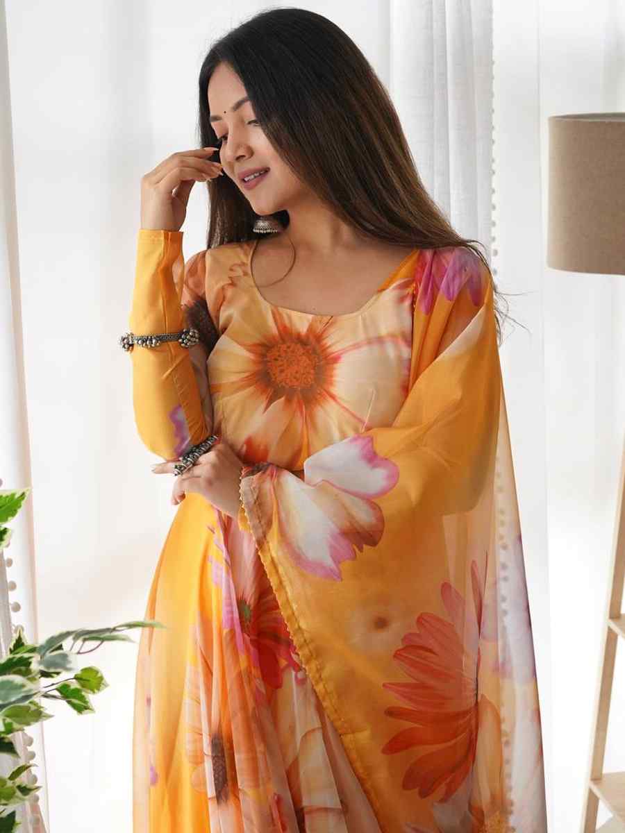 Orange Viscose Tabby Silk Printed Festival Casual Gown