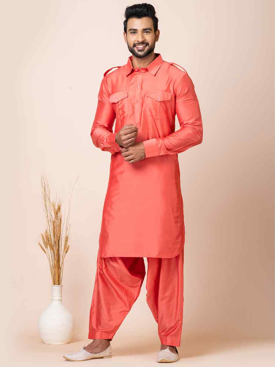 Orange Viscose Woven Festival Mehendi Kurta