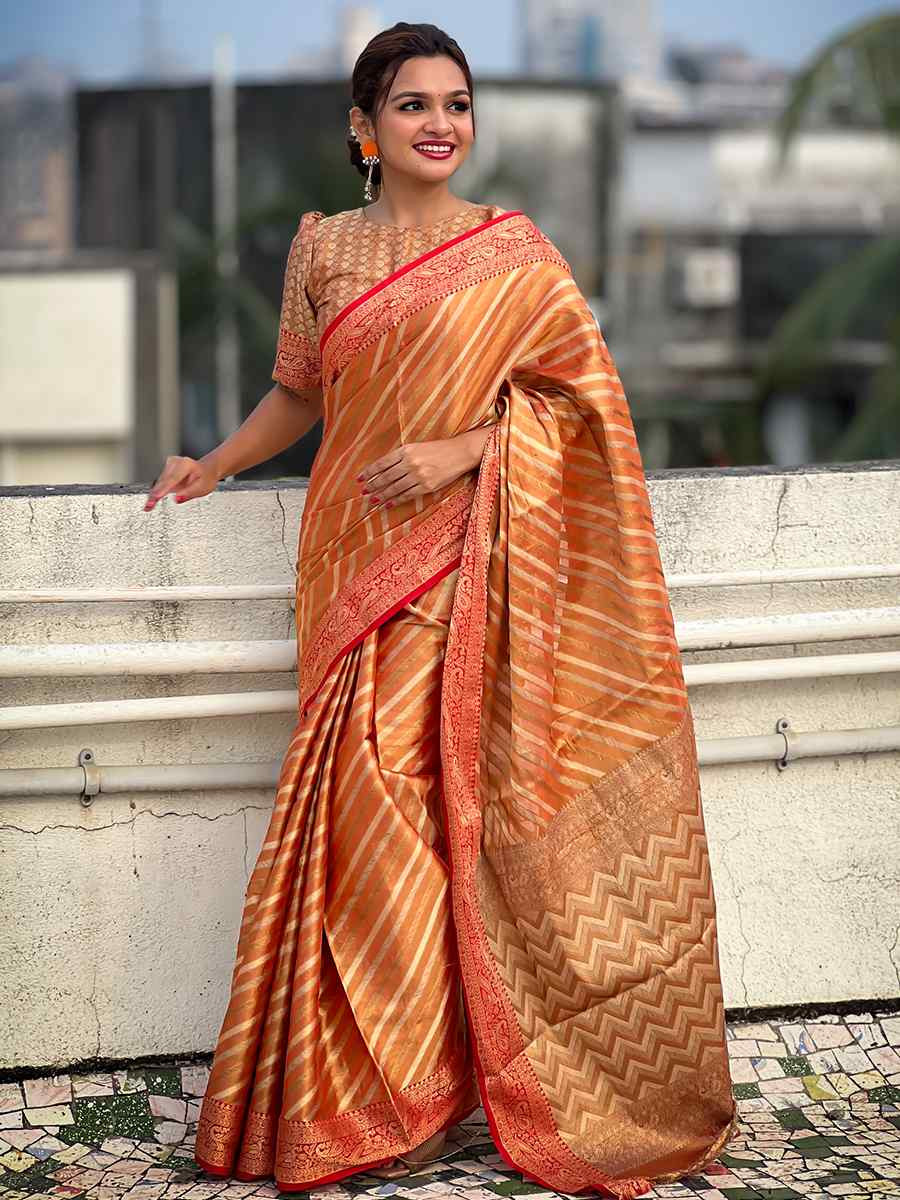 Orange Zari Tissue Handwoven Festival Casual Heavy Border Saree