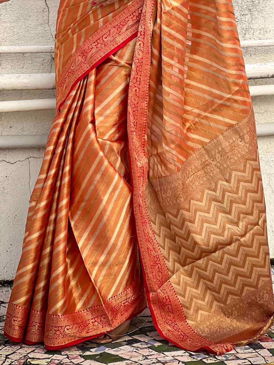 Orange Zari Tissue Handwoven Festival Casual Heavy Border Saree