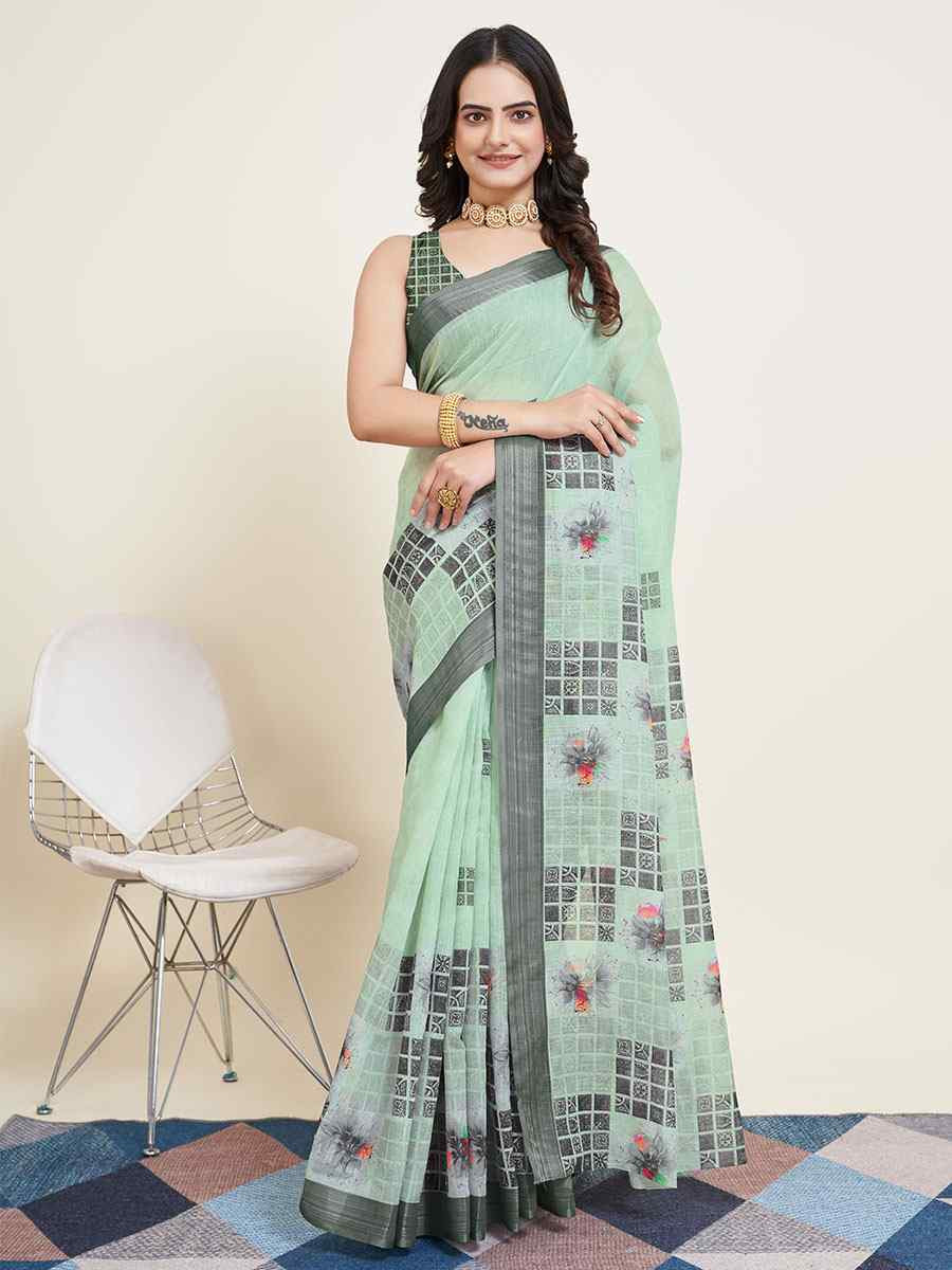 Pale Turquoise Semi Cotton Printed Festival Casual Contemporary Saree