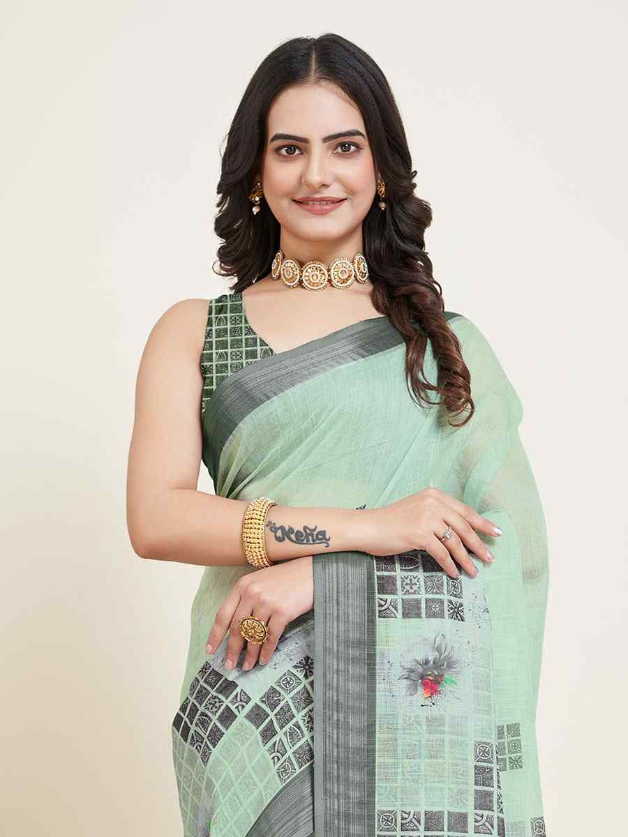 Pale Turquoise Semi Cotton Printed Festival Casual Contemporary Saree