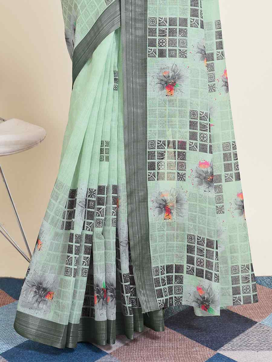 Pale Turquoise Semi Cotton Printed Festival Casual Contemporary Saree