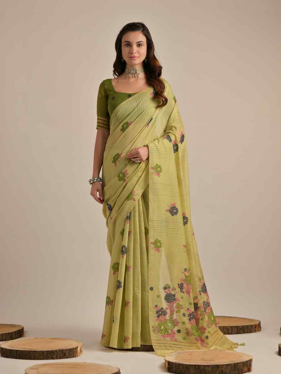 Parrot Green Cotton Handwoven Festival Casual Classic Style Saree